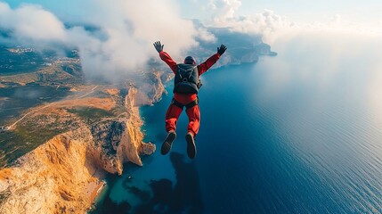 A skydiver is seen jumping off a cliff near the ocean.