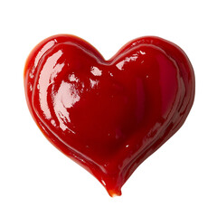 Heart shape tasty ketchup sauce on white & transparent a background, top view.