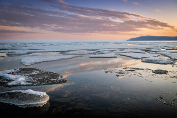 ice drift on Lake Baikal at the source of the Angara River in spring