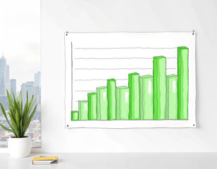 Hand-Drawn Green Bar Chart on Wall with Office View