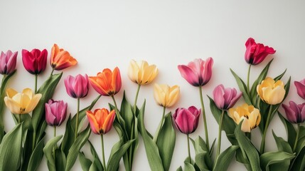 Fototapeta premium Row of Colorful Tulips on White Background