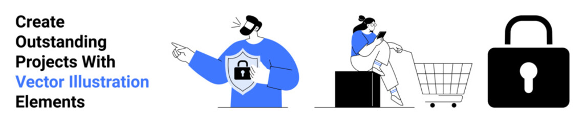 Man emphasizing data security with shield, woman browsing near shopping cart, large lock symbol for privacy. Ideal for e-commerce, cybersecurity, online payments, trust, technology, education flat