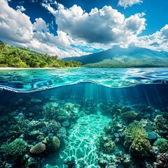 Naklejka premium Diving into the Coral Depths Tropical Island Underwater Adventure Ocean Wildlife Vibrant Ecosystem Aerial View Nature's Wonders