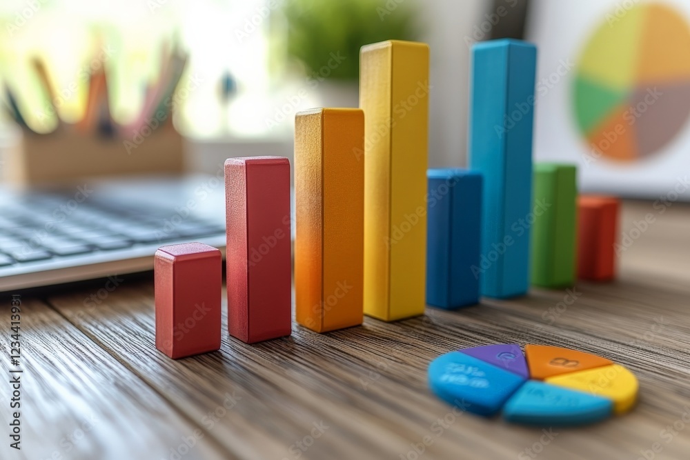 Poster colorful wooden blocks represent data trends beside a laptop and a pie chart in a well-lit workspace