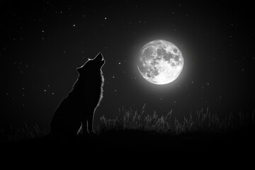 Majestic wolf howls at the bright full moon in a starlit night landscape
