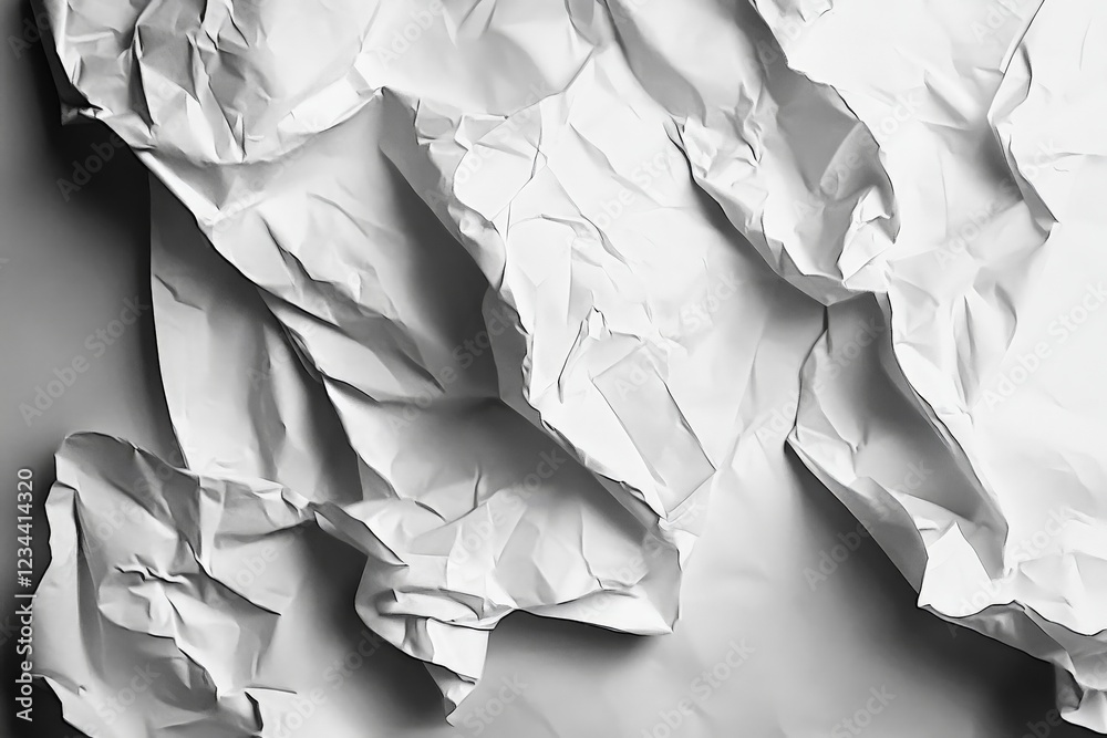 Poster Crumpled white paper creates texture and shadow play on a flat surface under soft lighting conditions