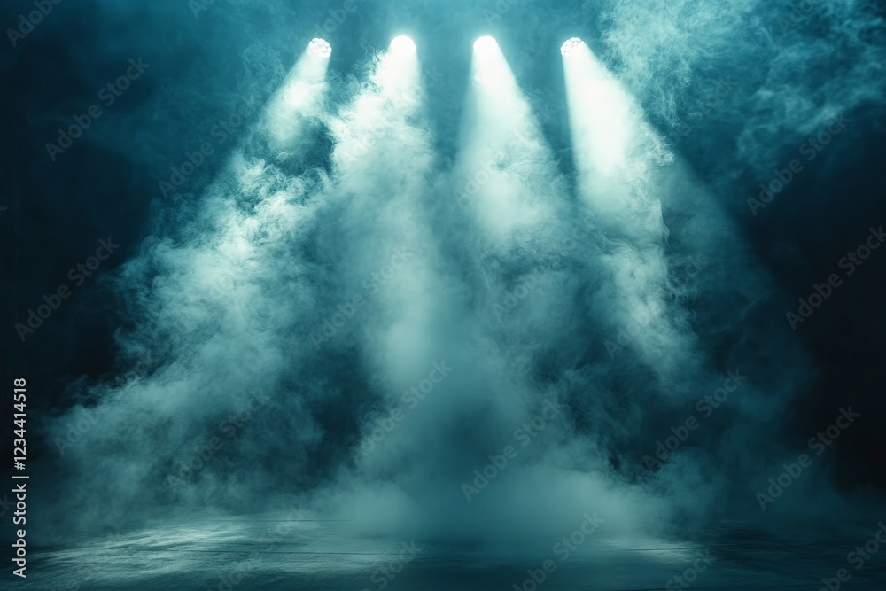 Poster dramatic lighting illuminates fog-filled stage with an ethereal atmosphere for performance in a diml