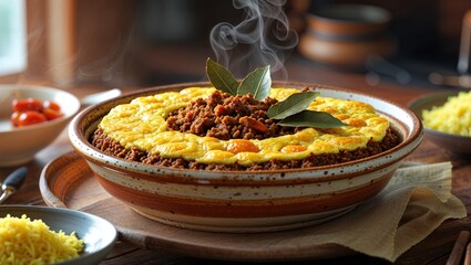 Traditional bobotie with golden crust and bay leaves on rustic table