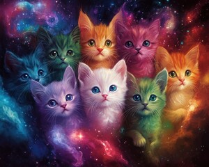 Seven kittens cosmos, space background, fantasy art, pet poster