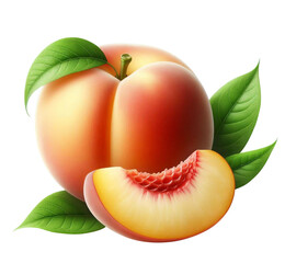 Isolated peach fruits. One whole fresh peach and a slice and leaves isolated on white background with clipping path.