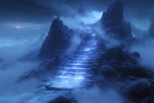 Glowing Blue Steps Ascending a Foggy Mountain at Night