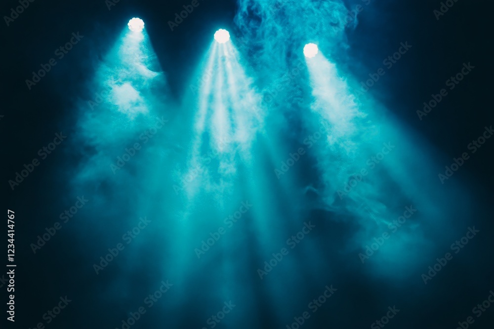 Poster bright stage lights create dramatic atmosphere in a performance setting with fog effects