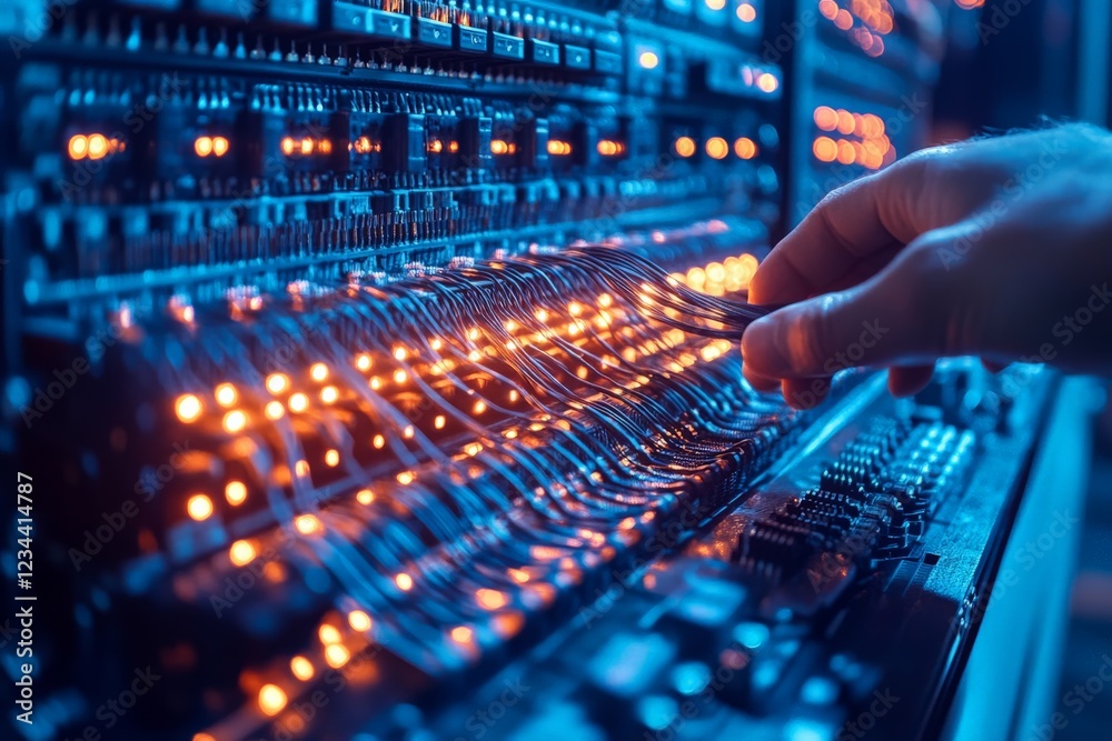 Aufkleber Technicians interact with illuminated wires in an electronic control panel during a late evening setup