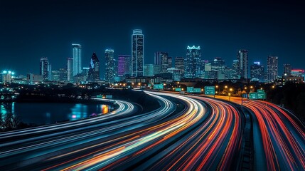 Fototapeta premium A nighttime cityscape with a highway and skyscrapers.
