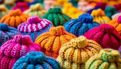 A colorful array of knitted beanies, each with unique patterns and colors