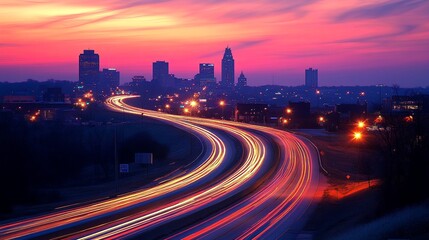 Fototapeta premium Kansas City Skyline at Sunset with Interstate 35.