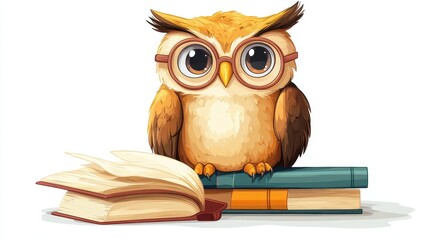A wise owl wearing glasses sits on books, symbolizing knowledge and learning.