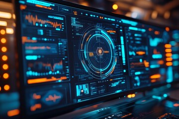 Obraz premium High-tech digital interface displaying complex data analytics in a futuristic workspace