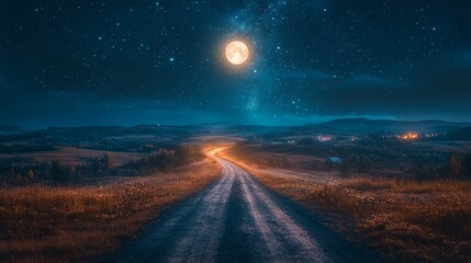 A nighttime landscape featuring a dirt road running through fields and hills under a starry sky with a full moon.