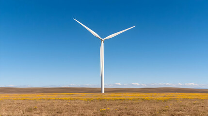 Fototapeta premium Single wind turbine in a field, clear sky. Renewable energy source
