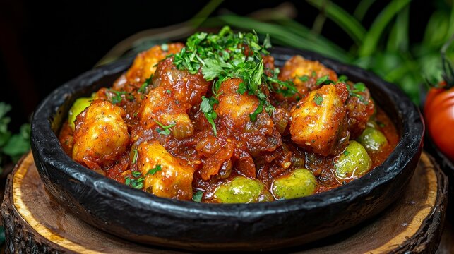 Traditional ugandan matoke dish with mashed green plantains local market culinary delight vibrant setting top-down view