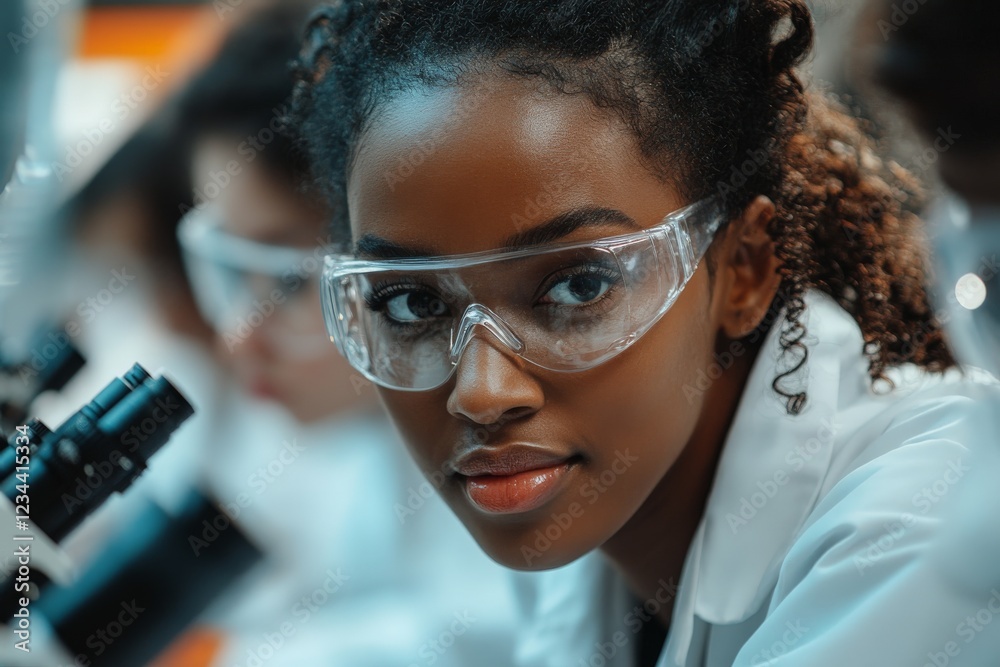 Poster young scientist focusing on research in laboratory under bright lights while using a microscope