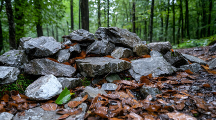 Obraz premium Rock pile trail forest autumn leaves hiking