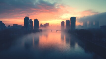 A misty cityscape with high-rise buildings along the river at sunset.