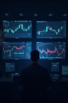Financial analyst reviewing market trends on multiple screens, charts, stock exchange, data analysis