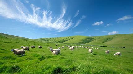 Obraz premium Sheep Grazing on a Lush Green Meadow