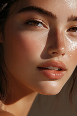 Close-up of a woman's face with glowing skin and soft lighting, showcasing her natural beauty and confidence. The image captures the essence of youthful, fresh skin and elegance.