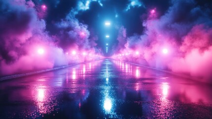 Obraz premium wet asphalt road reflects vibrant neon lights, surrounded by dramatic pink and blue fog, creating futuristic and atmospheric scene. 