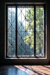 Obraz premium Empty steel plate against minimalist glass window with geometric patterns, architecture, minimalism, abstract