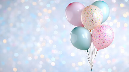 Pastel balloons float against a sparkly background, perfect for celebrations or party invitations