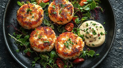 Delicious golden-brown crab cakes served with fresh herbs, cherry tomatoes and creamy sauce on a dark plate, overhead shot