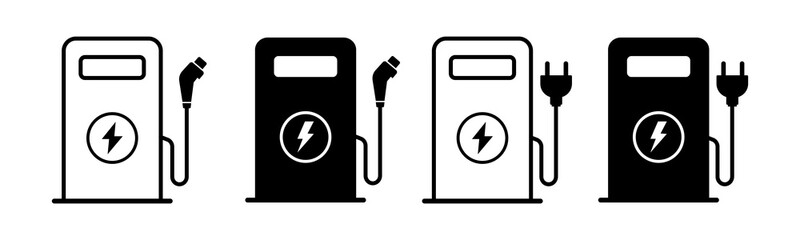 Electric vehicle with plug icons. Electric vehicle charging point icons. EV car, green hybrid vehicle charging station symbol. Eco friendly vehicle concept. Vector illustration.