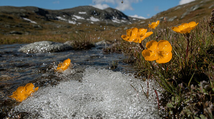 Obraz premium Mountain stream wildflowers, scenic background