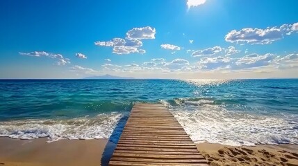 Fototapeta premium Ocean Waves and Wooden Pier Sunny Beach Seascape Photography Relaxing Environment Serene Viewpoint Nature Concept