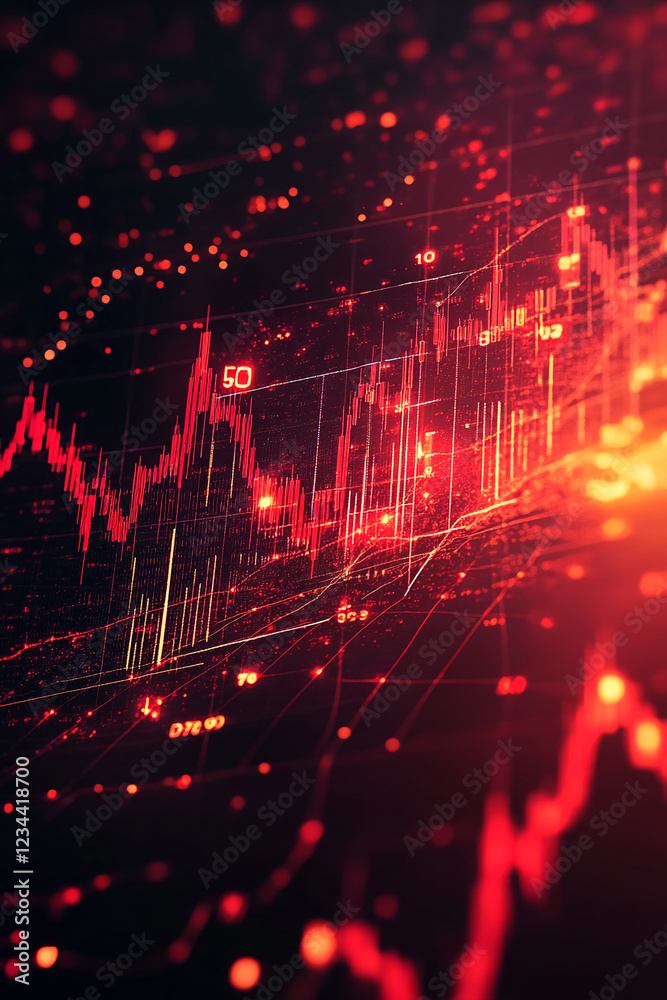 Poster A close-up of a financial graph displaying red data points, symbolizing stock market volatility, financial trading, and economic analysis in the digital age.