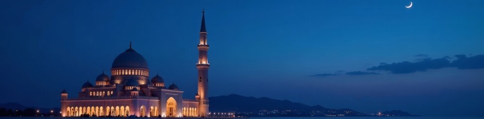 Fototapeta premium Elegant Mosque Dome against dark blue twilight sky with Crescent Moon, serene Islamic architectural design, Islamic art, Islamic New Year, Islamic architecture