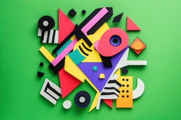 Abstract colorful geometric shapes on a vibrant green background, showcasing bold lines and playful design elements for creative inspiration and art projects