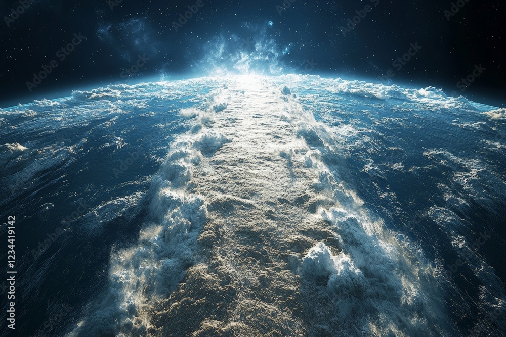 Poster View of Earth from space with clouds and swirling patterns under a starry sky