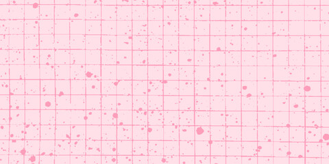 Checkered paper sheet with pink ink splashes. Gritty halftone effect in monochrome. Tiny paint drips and stains scattered across the surface.