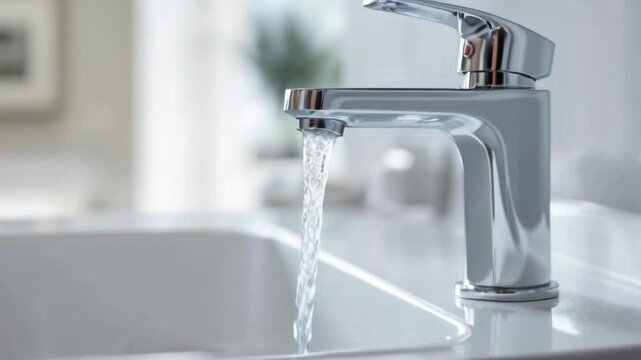 Water flowing from faucet in a bathroom.=