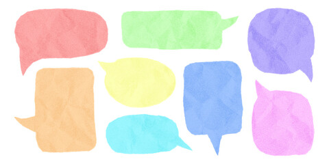 Set of pastel colored speech bubbles made of crumpled paper, isolated template for banner. Dialogue balloons with dotted gritty texture, halftone effect, notebook sheet with jagged torn edges.