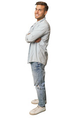 Full body shot of a young Caucasian man in a studio setting