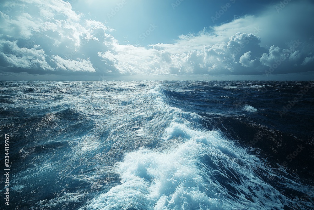 Aufkleber endless ocean waves under a bright sky with fluffy clouds during daytime in a tranquil sea setting