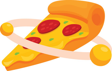 Cartoon pepperoni pizza slice with melted cheese orbiting around two planets, representing the concept of food delivery