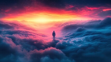 Fototapeta premium A solitary figure stands amidst vibrant clouds at sunset, evoking introspection.