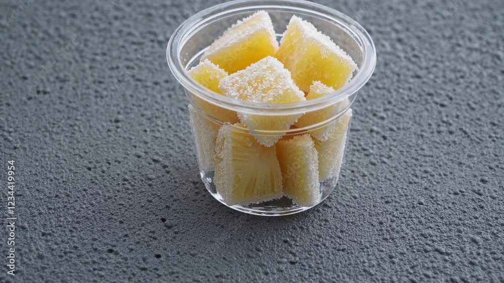 Poster a minimalist composition where a single clear tub of frozen pineapple chunks sits on a textured surf